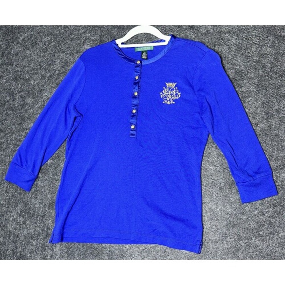 LAUREN RALPH LAUREN WOMENS KNIT BEADED LOGO 3/4 SLEEVE BLOUSE TOP BLUE SZ LARGE